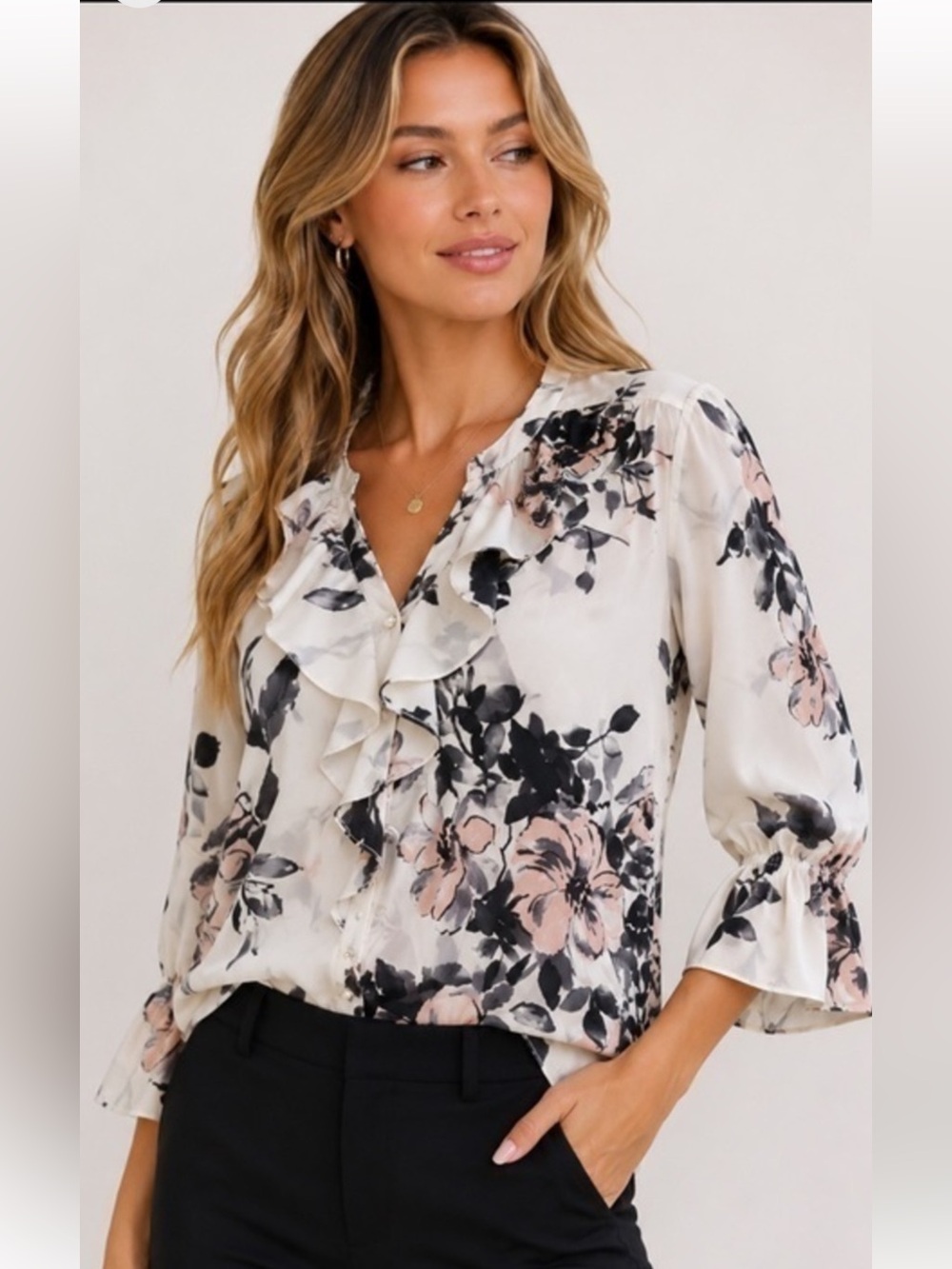 Karl Lagerfeld Floral Ruffle V-Neck Blouse with Pink and Black Print